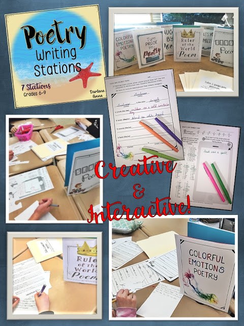  If your students think they don't like writing poetry, you've never tried using poetry template stations! My middle school kids love moving around the room and trying different poetry methods. #poems #writing #stations #poetrylessons #movement #writinglesson #middleschool #poetrytemplates #middleschoolela 