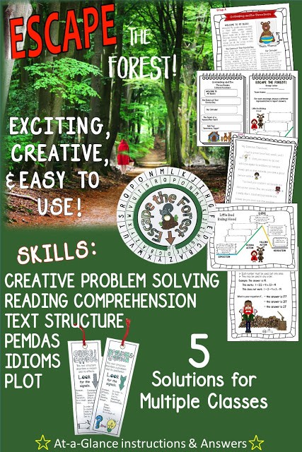 Your kids are on a field trip run by YOU- the most awesome and creative teacher in the history of the world- when they walk a bit too far into the woods and get lost. Now they must work with their group to solve a series of FUN challenges based on comprehension and steeped with a variety of skills! 