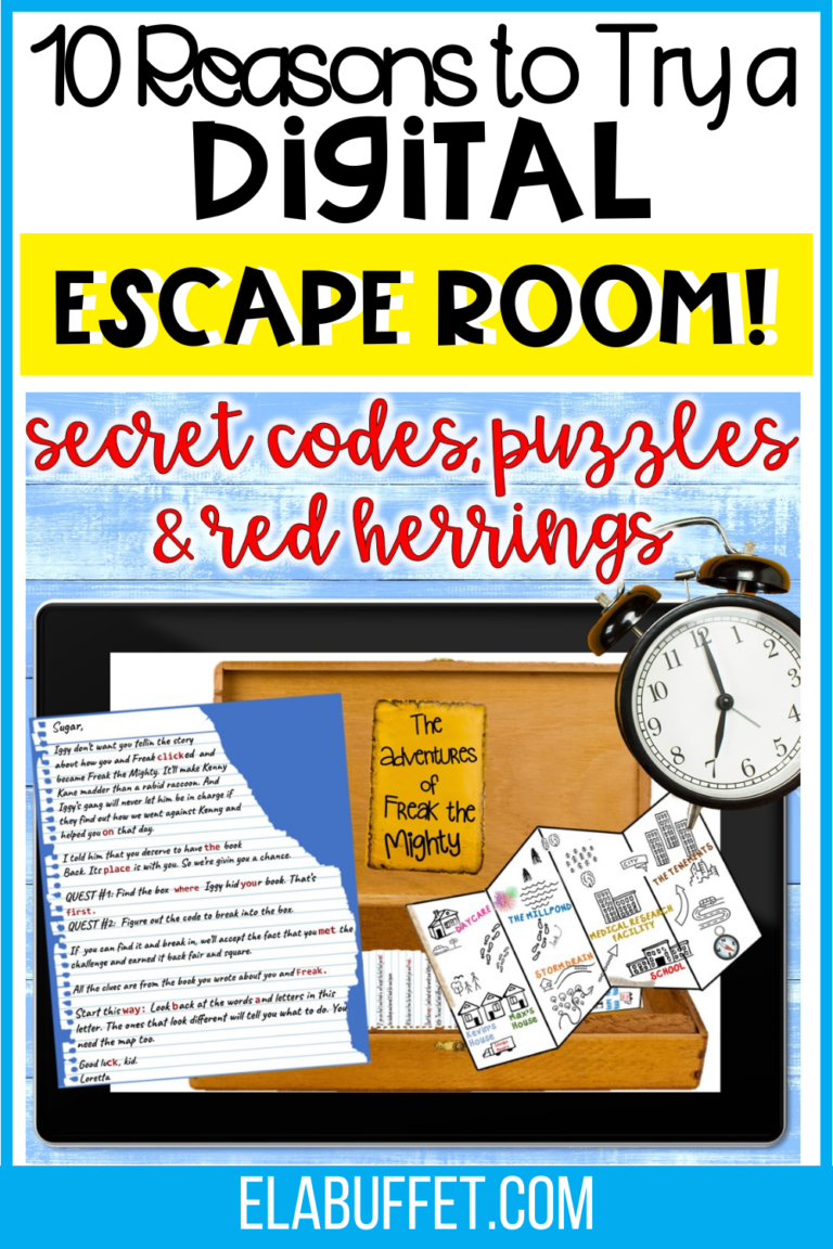 Black iPad displaying an open box, which includes a paper labeled "The Adventures of Freak the Mighty". Instructions for completing an escape room, a brochure, and a clock are also included. Text overlay at the top says "10 Reasons to Try a Digital Escape Room!"
