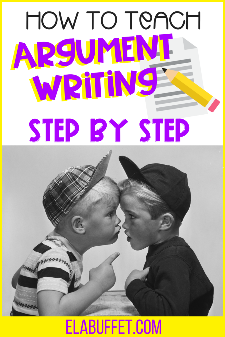 Two young boys with frustrated expressions standing face to face, one of the boys is pointing his finger in the face of the other boy with text overlay "How to Teach Argument Writing Step by Step."