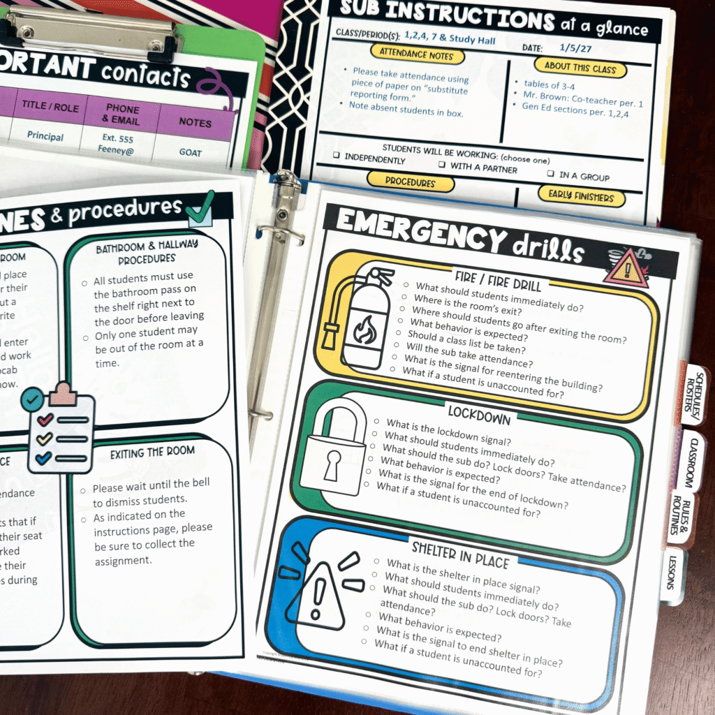 The Ultimate Substitute Teacher Binder: 8 Ways to Keep Your Middle School Classroom Running Smoothly 3 Every middle school teacher needs a sub binder for emergency absences.