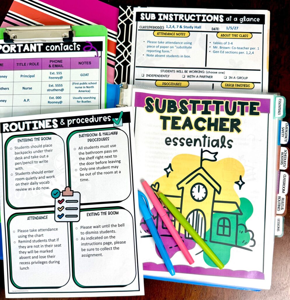 New to Middle School ELA? 10 Helpful Back-to-School Tips for ELA Teachers 3 sub binder for middle school teachers